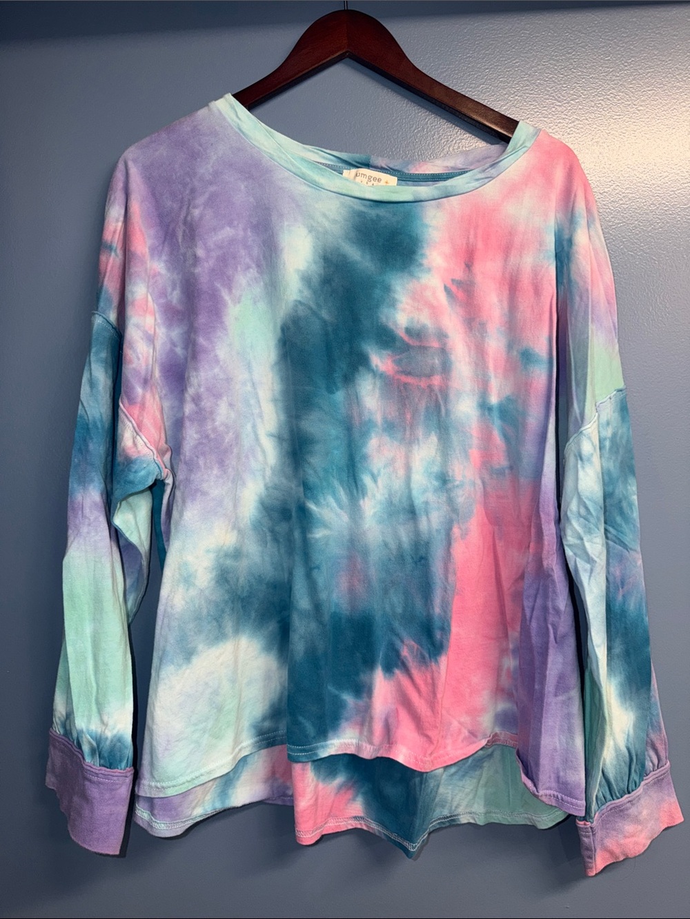 Umgee Tie-Dye Long Sleeve Top in Teal Pink Purple. Hi lo hem.